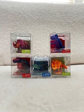 Lot of 5 3-D Printed Dino Toys Miniature In Clear Cube Box Flexible Age 3+ JA-Ru